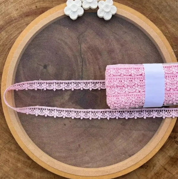 Renda guipir 100% poliéster rosa - Largura: 1,5 centímetros