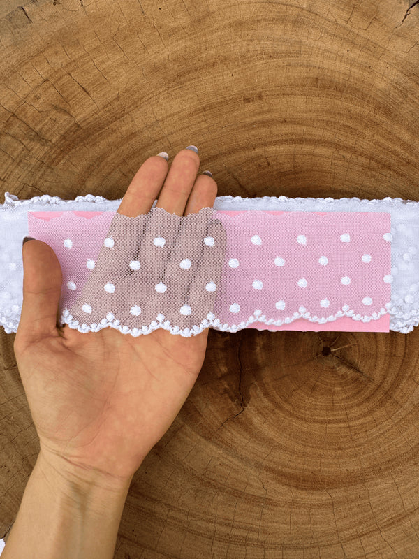 Renda Tule 100% poliéster branca - Largura: 6,5 centímetros